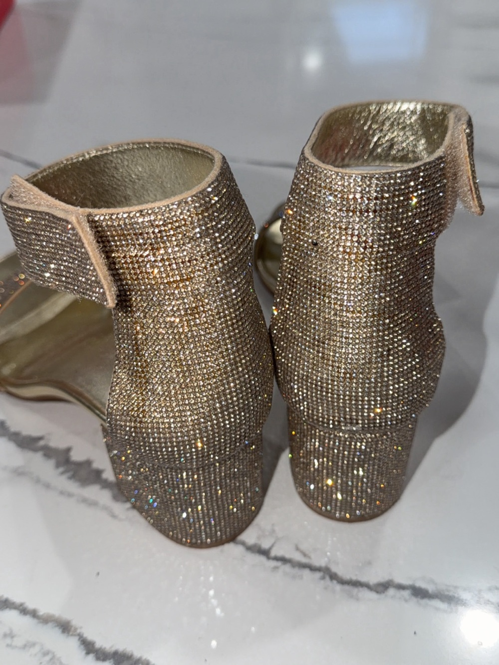 Sparkling Gold Crystal Strap Block Heel Sandals - Women - Picture 2 of 6